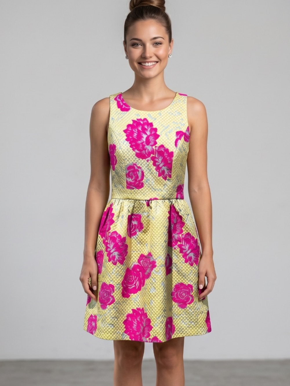 🌻Minuet Floral Lace Halter Sheath Dress Yellow Pink Cocktail Women's Size M